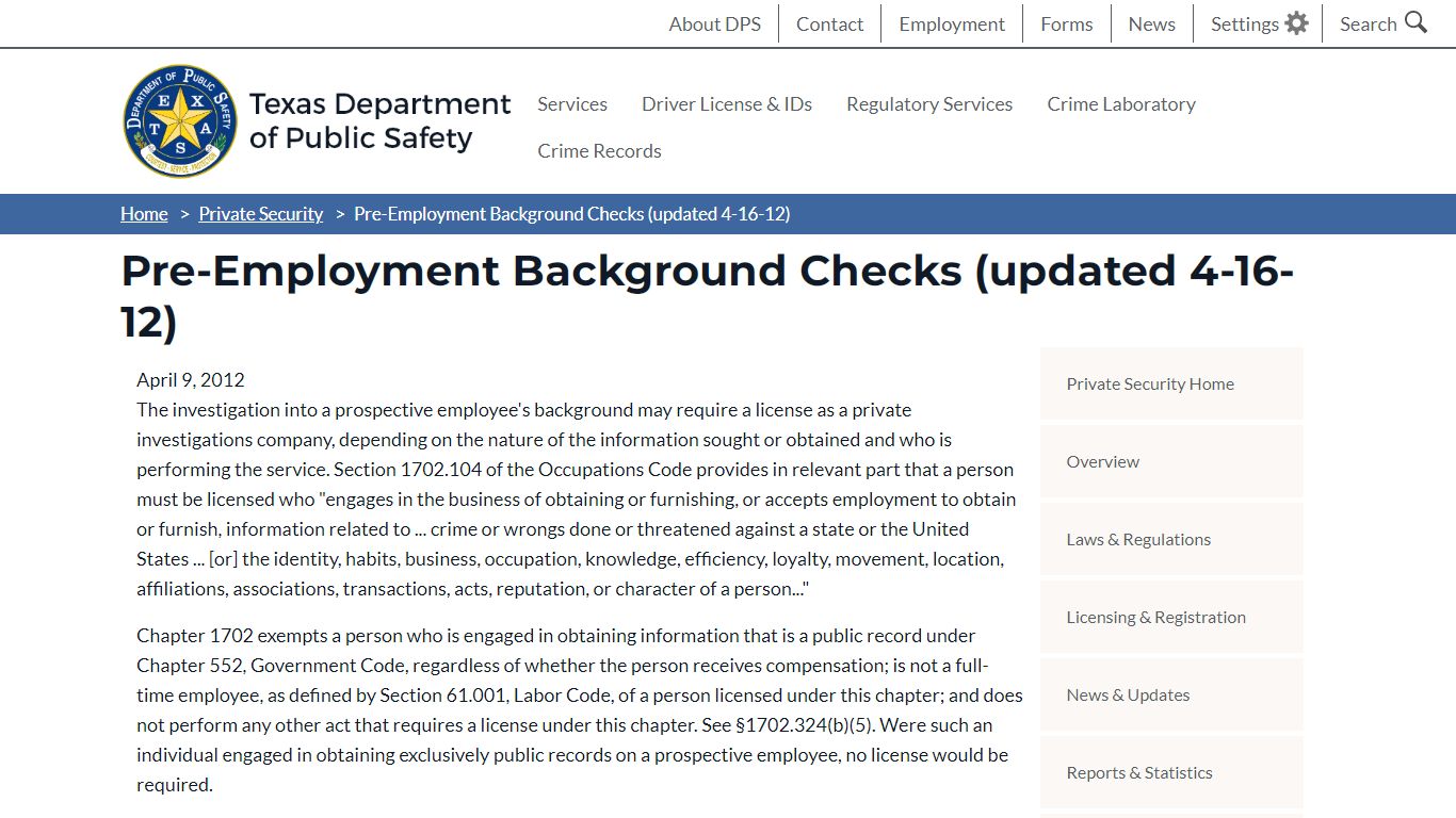 Pre-Employment Background Checks (updated 4-16-12) | Department of ...